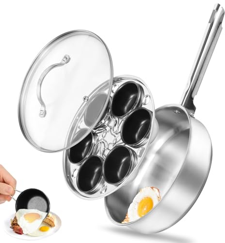 23cm Egg Fryer Pan with 6 Cup,Nonstick Stainless Steel Egg Poacher Induction Safe Poached Maker with Glass Lid and Grip Black Handle