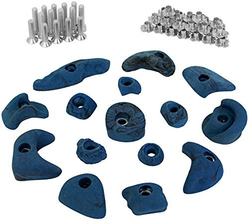 ALPIDEX 15 Klettergriffe | Starterset | Inklusive Schrauben, Einschlagmuttern | Klettersteine | Größen L, M, S | Verschiedene Formen Größen | Klettergriffset, Farbe:blau-meliert