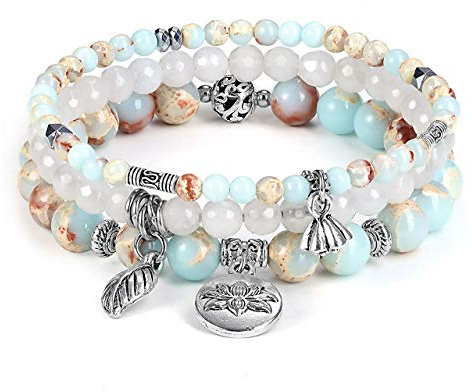 Jovivi 3PCS Bracelet Pierre Naturelle Femme Lotus Sédiment de Mer Jaspe Perles d'Energie Pierre Précieuse Élastique Tibétain Bouddhiste Famille Amitié Amour