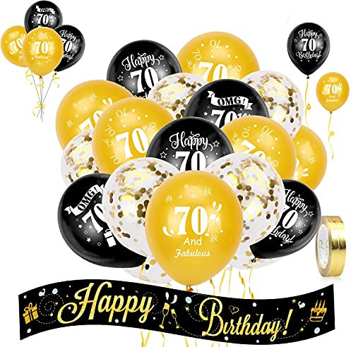 HOWAF Geburtstag Dekoration Set, 70 Geburtstag Deko, Schwarz und Gold 70 Geburtstagsdeko Banner und 70 Geburtstag Luftballons Latex Konfetti Ballons für Männer Frauen Geburtstag Dekorationen