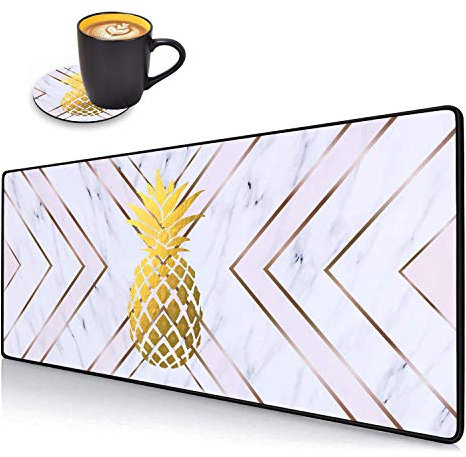 Schreibtischunterlage Matte Gaming Mousepads mit Untersetzern Set, genähte Kanten Design Mauspad XXL Großes Mauspad für Laptop Computer Goldfolie Ananas Weiß Marmor Schreibtisch Schreibunterlage für