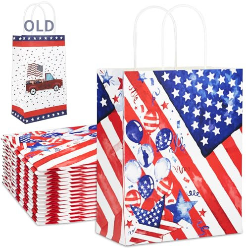 ECOHOLA Patriotische Geschenktüten mit Griff, amerikanische Flagge, Kraftpapiertüten, roter LKW, Partydekoration, Geschenktüten, 25 Stück – Größe 22,9 cm (H) x 14,9 cm (L) x 8,1 cm (T)