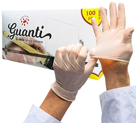 Confezione da 100 Guanti Monouso in Vinile Certificati CE - Senza Polvere e Lattice, Ipoallergenici Conformi Normative Iso - Usa e Getta per Alimenti, Medici Comoda Vestibilità (Taglia M, Bianco)
