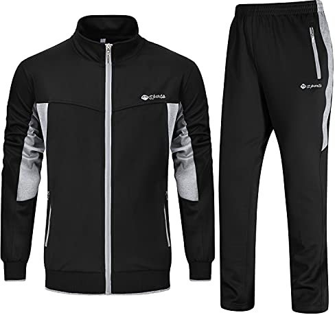 Rdruko Mens Tracksuits Sets Running Jackets Joggers 2 Piece Casual Sweatsuits Sports Lounge Wear Light Grey and Black M
