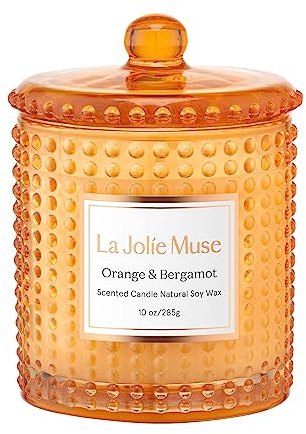 LA JOLIE MUSE Bougie Parfumée à la Bergamote et l’Orange, Bougies Orange pour une Maison Parfumée, Bougie aux Agrumes, Bougies en Soja Naturel, Pot à Bougie Haut de Gamme, 75 heures, 285 g
