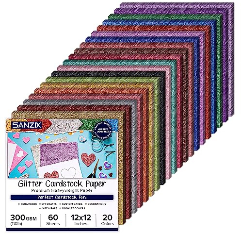 SANZIX Glitzer-Karton, 30,5 x 30,5 cm, 20 Farben, 50 kg, 300 g/m², schweres Glitzerpapier für Cricut, Weihnachtskarten, Sammelalben, Bastelarbeiten, Dekoration und individuelle Karten, glitzerndes