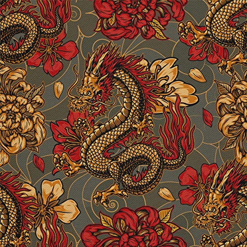 HEKO PANELS Stoff Oxford Wasserdichte Meterware Canvas-Stoff Polyester Stoff Zum Nähen Nähstoffe Dekostoffe Wasserabweisend Blickdicht Japanische Drachen 1 Meter 155 x 100 cm, (DX640)
