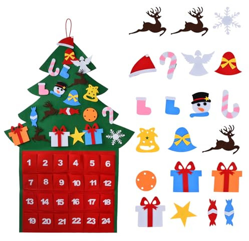 Calendario de Adviento de Árbol de Navidad, Calendario de Adviento de Fieltro Navideño, DIY Árbol de Navidad de Fieltro, Calendario de Cuenta Regresiva de Navidad de 24 Días para Decoraciones de Pared