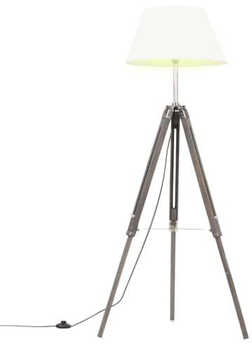 vidaXL Teak Massiv Stativlampe Höhenverstellbar Vintage Retro Standleuchte Stehlampe Stehleuchte Standlampe Lampe Leuchte Grau Weiß 141cm