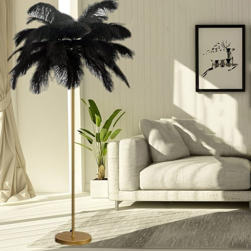63‘' Lampadaire Plume D'autruche Lampe Plume Palmier Lumière Corps Lampe de Table pour Villas Hôtels Salon Étude Chambre Décor Éclairage (Black)