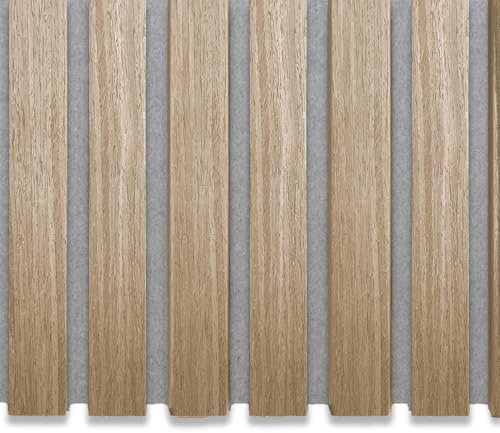 AKU Akustikpaneele - 240 cm x 60 cm, Natürliche Eiche mit Filz Grau, 3 Paneele, Drieseitiges Holfurnier, Echtholzmaserung, Raumteiler