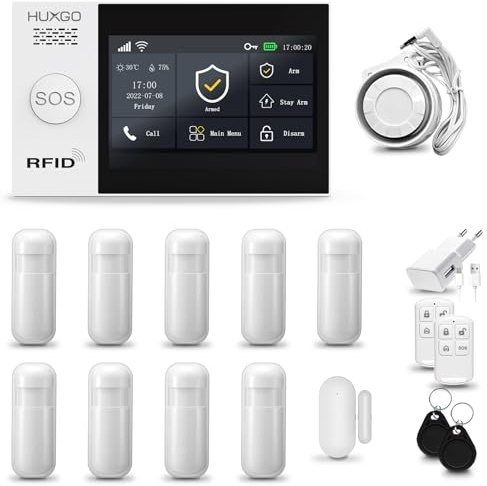 HUXGO® HXA007 Sistema di allarme casa senza fili con sirena esterna WiFi + GSM 4G | Antifurto casa kit con 1x sensori di allarme per finestre/portes, 9x rilevatori di movimento | Lavora con TUYA