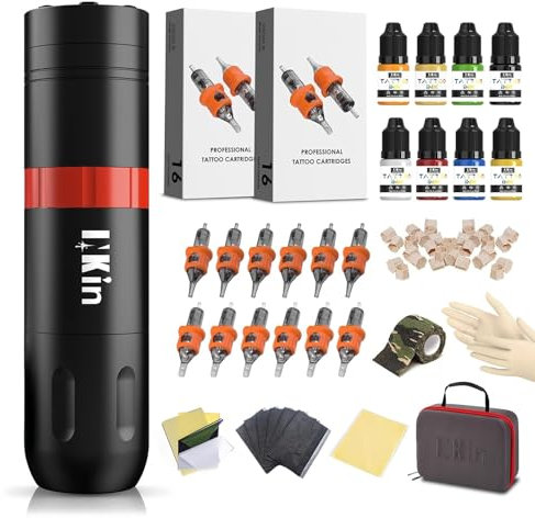 INKin Tattoo Kit, Tattoo Gun Kit with 1500mAh Battery and Digital Display, Ultra Short Wireless Tattoo Machine Pen with 16 Mixed Tattoo Needles Cartridge and 10 Ink Set for Artists or Beginners