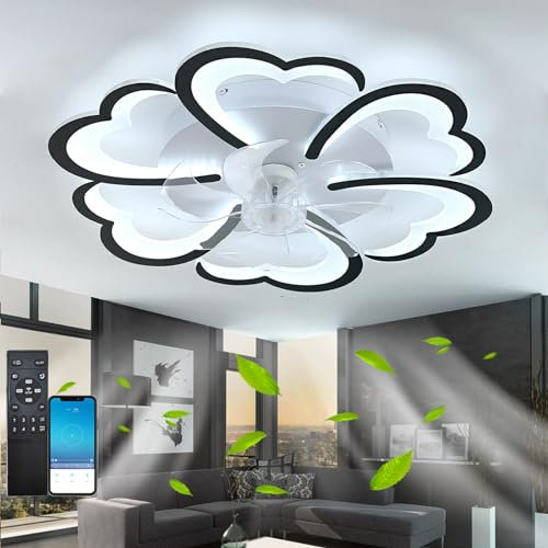Fleur Ventilateur De Plafond Avec Telecommande,Dc 6 Vitesses Lampe Ventilateur Plafond,Led Dimmable,Fonction Mémoire Silencieux,Pour Le Salon De La Chambre À Coucher,App Noir