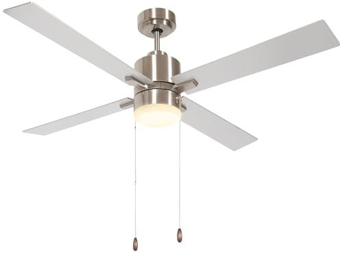 HOMCOM Ventilatore da Soffitto con Luce LED e Pale Reversibili, 3 Velocità e Accensione con Catenelle, Ø130cm, Colore Argento e Legno