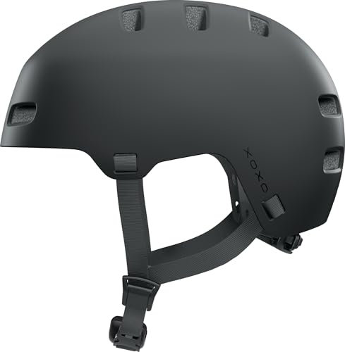 ABUS Fahrradhelm XOXO - Cityhelm im Skater-Look - Helm für Skateboard, Fahrrad, Scooter - mit optimiertem Kinnpolster - für Jugendliche und Erwachsene - Größe M, Schwarz