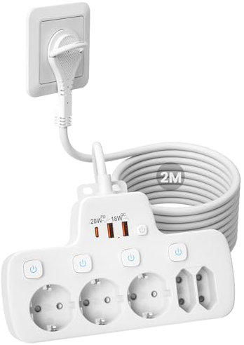 Regleta Enchufe Plano,Ladron Enchufes con Interruptor,Regleta 5 Tomas Conmutable Individualmente,PD20W Enchufe Multiple Pared,Alargador Regletas Enchufes Proteccion Sobretension 2M Cable,Blanco