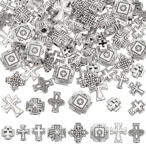 FINGERINSPIRE 80 Stück 8 Stile Lose Abstandsperlen 13.5mm Kreuz Abstandsperlen Splitter Tibetische Legierung Rondellperlen Tibetische Säulenperlen Antike Europäische Perlen Für DIY Armbänder