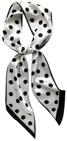 GIMIRO Écharpe en Satin, 148 x 13 cm, Motif Géométrique Damier, Double Couche, Polyester, Marron et Blanc (Blanc - Noir Polka Dots)