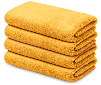 LOOKS BY WOLFGANG JOOP 4X Gästehandtuch 30x50 cm Frottee – gelb | 4er Set WC-Handtücher klein, 100% Baumwolle curry, flauschiges Badtuch 550g/m², OEKO-TEX® zertifiziert und waschbar