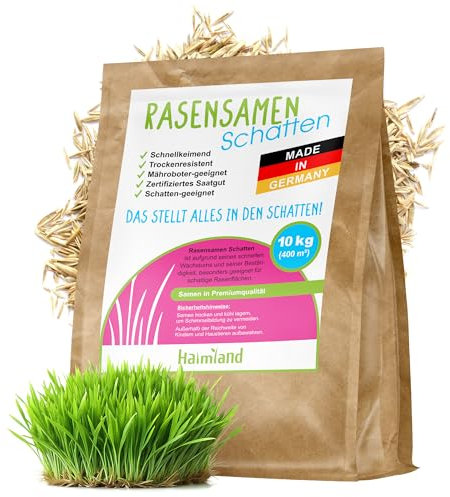 halmland® Rasensamen Schattenrasen schnellkeimend 10kg für 400m² - TEST SEHR GUT - Premiumrasen für Schattenbereiche - Grassamen trockenresistent Sommer - made in Germany - Schattenrasensamen