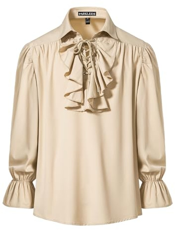 PARKLEES Men's Renaissance Pirate Ruffled Frilly Shirts Jabot Collar Victorian Medieval Costume Beige Large