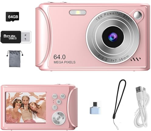 Digital Camera for Kids Teen Students Beginner, 1080P FHD 64MP with 2.4 LCD Screen,18X Digital Zoom, Compact Portable Vlogging Camera with 64gb SD Card and Type-C OTG Adapter (Pink)