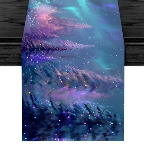 Tischläufer Weihnachten Borealer Wald 180x40cm – Magische Blaue & Violette Dekoration