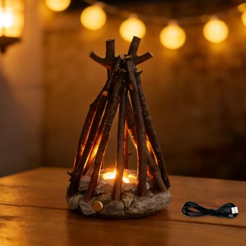 WRQIOO Lagerfeuer Licht, USB-DC Retro Lagerfeuer Lampe, LED Lager-Feuer Effekt mit 3 Modi, Aufladen, Astform für Indoor Outdoor Schmücken