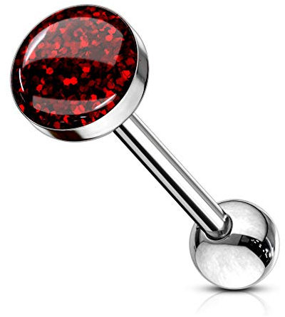 Paula & Fritz® Zungen-Piercing Barbell 16mm lang Chirurgenstahl Glitter Epoxy Dome rot