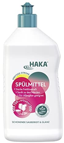 HAKA Spülmittel Zitrone, 750ml, kraftvoller Fettlöser für Geschirr & Gläser, sparsam im Verbrauch, hautfreundlich & vegan