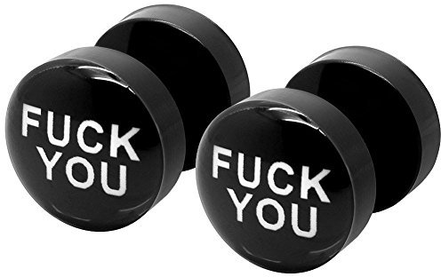 Soul-Cats 1 Paar Fake Plugs FUCK YOU Ohrstecker Ohrschmuck weiß schwarz FU, Farbe: Schwarz