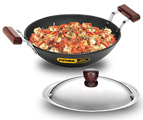 Futura IL23 Induction Compatible Hard Anodised Flat Bottom Deep Fry Pan/Kadhai with Steel Lid, 2.5 Liter