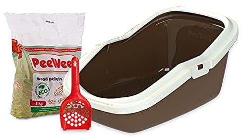 PeeWee Katzentoilette EcoMinor Katzenklo offen Schale Katzen WC inkl. 3kg Streu Holzpellets Pellets, Farbe:Braun-Elfenbein