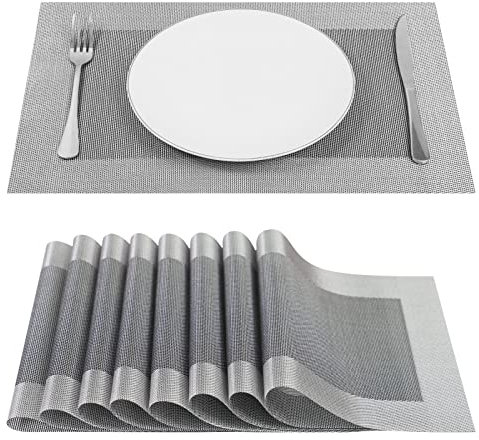 SueH Design Gewebte Platzsets Tischsets 8er Set Vinyl Hitzebeständig Platzdeckchen Antifouling und Waschbar 45 cm * 30 cm, Grau