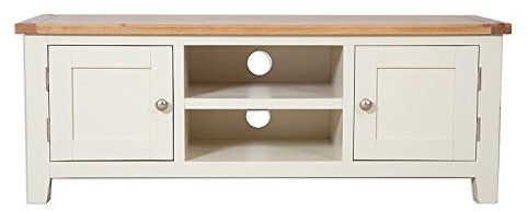 Hobart Ivory Rustic Oak Top Large Wide TV Stand/Solid Oak Top TV Cabinet with 2 Doors and 2 Shelves/Living Room Furniture