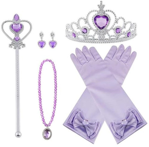 Vicloon Prinzessin Kostüme Set,7 Stück Princess Dress Up Zubehör, aus Diadem, Handschuhe, Zauberstab, Halskette,Ohrringe,elsa zubehör 3-9 Jahre