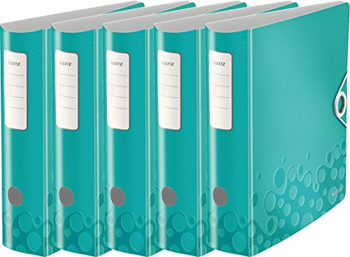 Leitz Qualitäts-Ordner 180° Active Wow, A4, Runder Rücken, 8,2 cm Breite, Kunststoff, Gummibandverschluss (5er Pack, eisblau metallic)