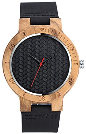 Unendlich U Montre en Bois de Bambou Homme, avec Sangle en Cuir Pleine, Le Bois Original Montre Bracelet, Entreprise Décontractée Montre à Quartz, Marron et Noir