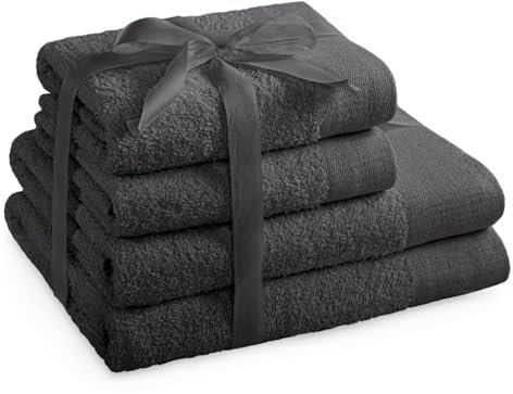 AmeliaHome Handtuch Set Grau 2 Handtücher 50x100 cm und 2 Duschtücher 70x140 cm 100% Baumwolle Qualität Saugfähig Graphit Anthrazit Amari