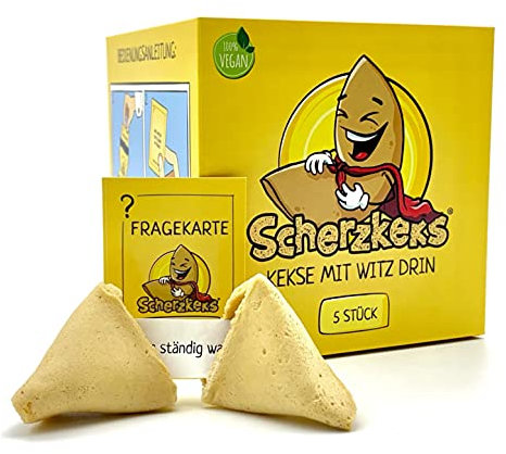 Scherzkeks 5er Box | 5 Kekse mit Scherzfrage & Antwort im Glückskeks, Lustige Geschenkidee Made in Germany, für Geburtstage, JGA, Familienfeiern, Weihnachten, Silvester