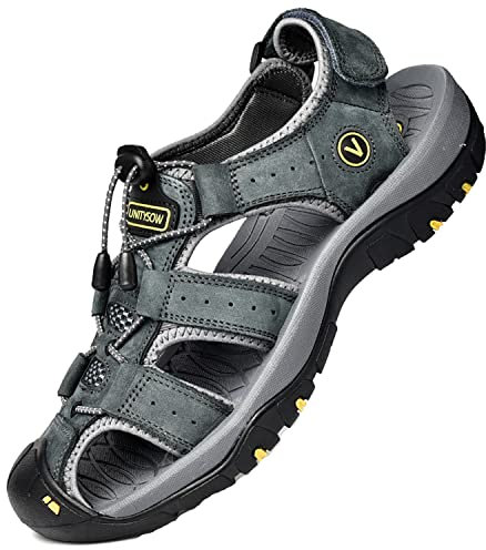 Unitysow Sandales de Marche Homme Bout Fermé Cuir Extérieur Sport Trekking Randonnée Été Nu Pied Plage 39-46, Gris, Taille 40