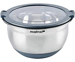 mastrad F29462 Edelstahlschüssel Ø 16 cm + transparenter Deckel, graduierter Behälter, rutschfester Silikonboden, ideal zum Zubereiten, Servieren und Konservieren von Speisen, 1,5 L, Grau