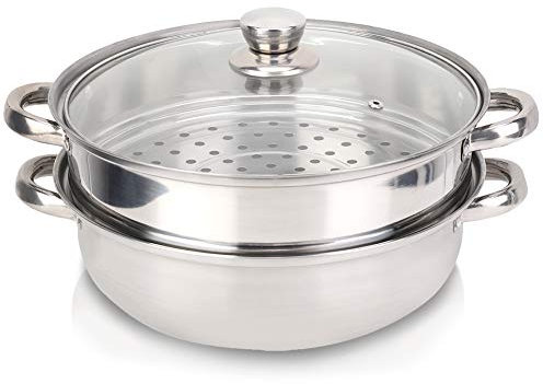 Goshyda Juego de ollas de Vapor de Acero Inoxidable, Olla de Vapor de 2 Capas de 27 cm / 11 Pulgadas, Olla de Vapor de Acero Inoxidable, Utensilios de Cocina al Vapor para el hogar, Utensilios de