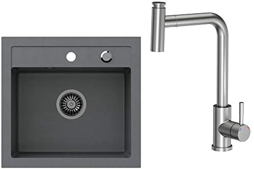 VBChome Spülbecken 50 x 47 cm Grau Spüle Einzelbecken Küche Einbauspüle Verbundspüle Küchenspüle gesprenkelt flächenbündig Siphon Waschbecken Armaturen mit schwenkbarem und ausziehbarem Auslauf