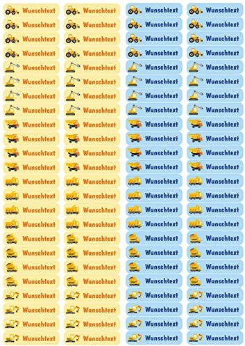 Samunshi® 96 personalisierte Namensaufkleber für Kinder 52x12 mm für Stifte Hefte Bücher Schulanfang Aufkleber Sticker Schule Kindergarten Bagger LKW Kran 96x 5,2x1,2cm Bagger LKW Kran