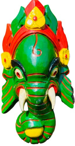 QT S Ganesh Antike Handgefertigte Holz Wandbehang 30.5 cm Maske des Hindu-Gotts des Glücks/Erfolgs Ganesha-Form des Elefantenkopfes für dekorative Wandbehang, Holzmaske, handgefertigt in Nepal