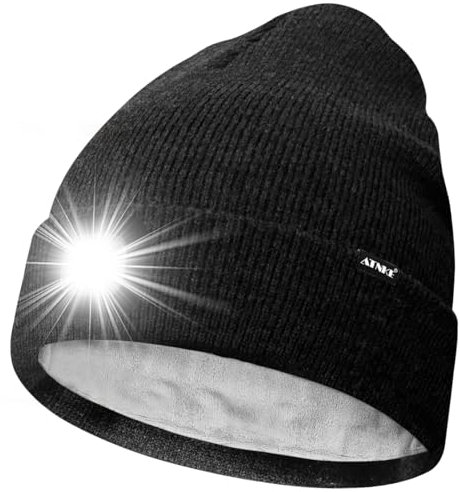 ATNKE LED Mütze mit Licht,Wiederaufladbare USB 4 LED Beleuchtete Laufmütze Extrem Heller Lampe Winter Warme Gefüttertes Fleece Stricken Mütze für Herren und Damen Geschenke/Dark Grey