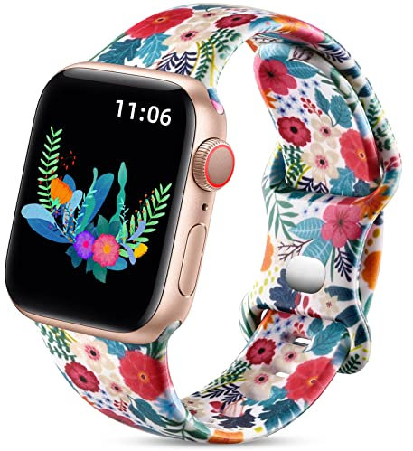 Upeak Bracelet Floral Double Compatible avec Apple Watch 40mm 41mm 38mm 42mm(Series 10), Silicone Bracelet Souple pour iWatch Series 10/9/8/7/6/5/4/3/2/1/SE, 38/40/41/42mm(S10)-S/M, Feuille de palmier