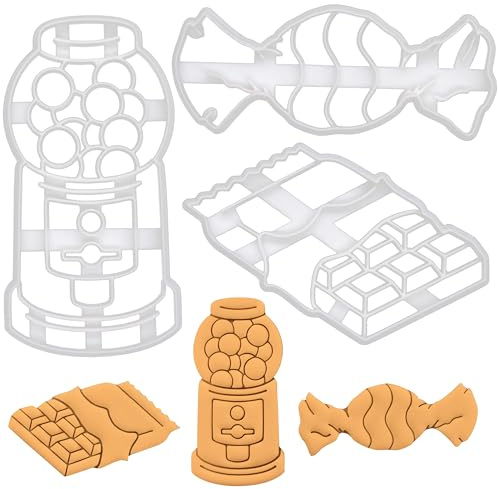 BAKERLOGY Set of 3 Sweets Cookie Cutters (Design - Gumball Machine, Candy in Wrapper and Chocolate Bar) - Detailed Biscuit Cutter Design for Baking and Crafts, Ideal on Fondant, Dough, Clay